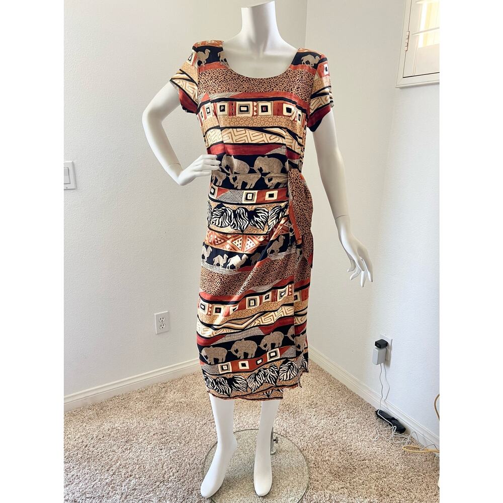 vintage 80s Jessica Howard safari animal print shoulder pads sarong midi dress